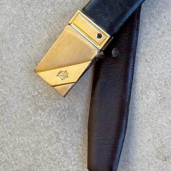 Dior Reversible Leather Belt Vintage Two Tone Black Brown 80s Gold Buckle - Picture 1 of 7